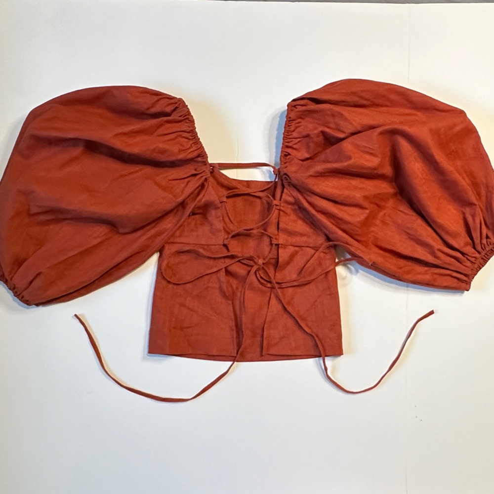 KLESIS | Linen Puff Sleeve Blouse Top Shirt Lace Up Back Crop Fit Orange Size L